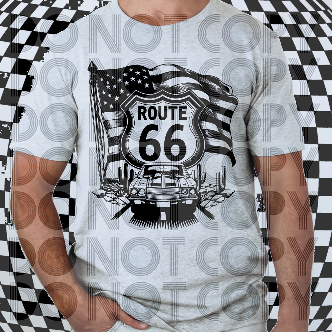 Route 66 with car and flag