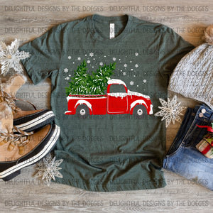 Red truck with Christmas trees